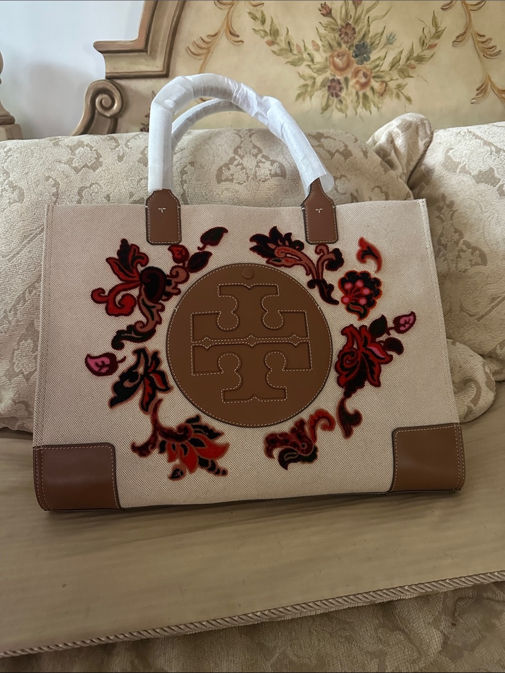 Tory Burch Canvas Tote with Brown Leather Trim and Red Floral Embroidery